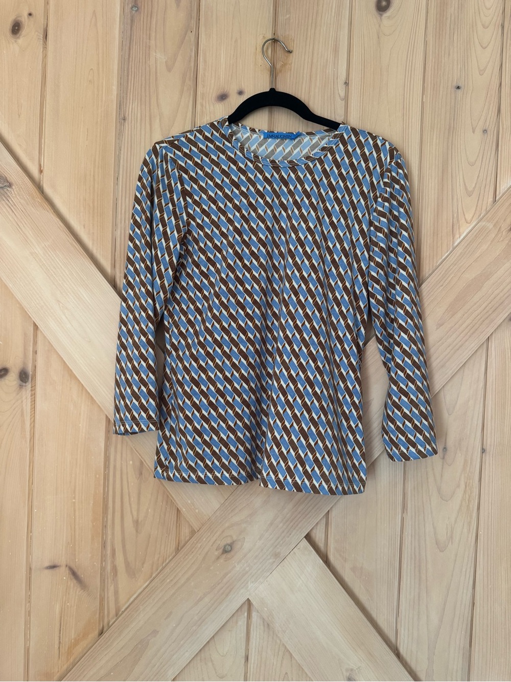 J.McLaughlin Geometric Print Stretch 3/4 Sleeve Top Blue Brown Size S